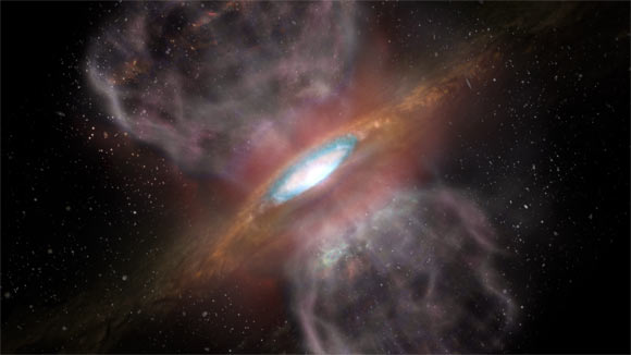 An artist’s impression of Orion Source I, a young, massive star about 1,500 light-years away. The blue region -- about 1/3 the way out from the center of the disk -- represents the region where ALMA detected the millimeter-wavelength ‘glow’ from the salts. Image credit: NRAO / AUI / NSF / S. Dagnello.