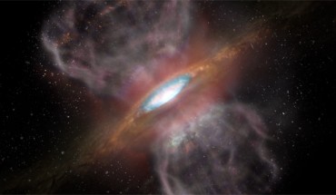 An artist’s impression of Orion Source I, a young, massive star about 1,500 light-years away. The blue region -- about 1/3 the way out from the center of the disk -- represents the region where ALMA detected the millimeter-wavelength ‘glow’ from the salts. Image credit: NRAO / AUI / NSF / S. Dagnello.