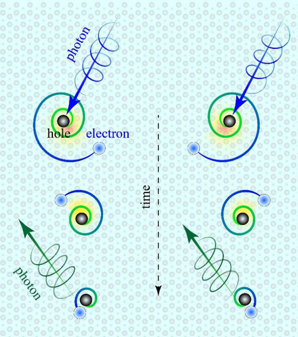 The two types of chiral surface excitons are on the right and left side of the image. They are generated by right- and left-handed light (photons in blue). The excitons consist of an electron (light blue) orbiting a ‘hole’ (black) in the same orientation as the light. The electron and hole are annihilated in less than a trillionth of a second, emitting light (photons in green) that could be harnessed for lighting, solar cells, lasers and electronic displays. Image credit: Hsiang-Hsi (Sean) Kung / Rutgers University-New Brunswick.