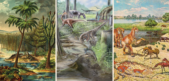 Reconstructions of land vertebrate communities through the Phanerozoic. Image credit: University of Birmingham.