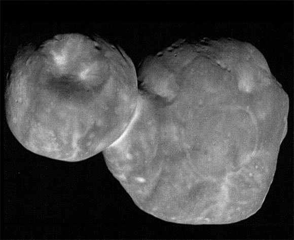 This composite picture combines nine individual images taken with New Horizons’ Long Range Reconnaissance Imager (LORRI), each with an exposure time of 0.025 seconds, just 6 ½ minutes before the spacecraft’s closest approach to Ultima Thule. The image was taken at 12:26 a.m. EST (5:26 a.m. GMT) on January 1, 2019, when the spacecraft was 4,109 miles (6,628 km) from Ultima Thule and 4.1 billion miles (6.6 billion km) from Earth. The angle between the spacecraft, Ultima Thule and the Sun -- known as the ‘phase angle’ - was 33 degrees. Image credit: NASA / Johns Hopkins Applied Physics Laboratory / Southwest Research Institute / National Optical Astronomy Observatory.