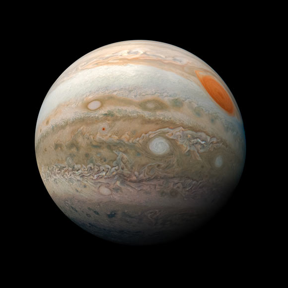 This image of Jupiter was taken on February 12, 2019, as Juno performed its 18th close flyby of the planet. Image credit: NASA / JPL-Caltech / SwRI / MSSS / Kevin M. Gill.