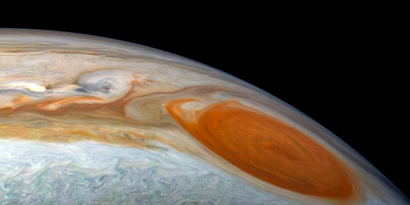 This image of Jupiter’s Great Red Spot and surrounding turbulent zones was captured by NASA’s Juno spacecraft. Image credit: NASA / JPL-Caltech / SwRI / MSSS / Kevin M. Gill.