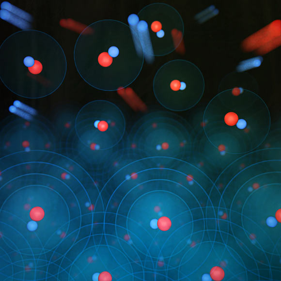 An artist’s impression of record-cold quantum gas of potassium-rubidium molecules. Image credit: Steven Burrows / JILA.