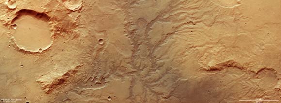 This image from ESA’s Mars Express shows a network of dried-up valleys on Mars, and comprises data gathered on November 19, 2018. North is to the right. Image credit: ESA / DLR / FU Berlin / CC BY-SA 3.0 IGO.