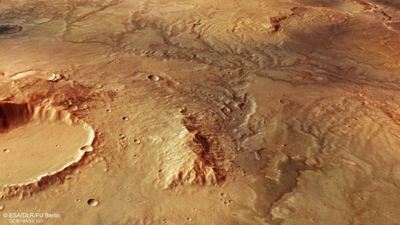 This image from ESA’s Mars Express shows a valley network on Mars. This oblique perspective view was generated using a digital terrain model and Mars Express data gathered on November 19, 2018. Image credit: ESA / DLR / FU Berlin / CC BY-SA 3.0 IGO.