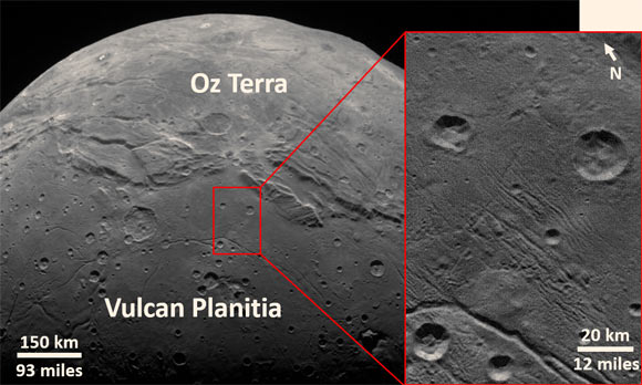 Singer et al studied the craters and geology on Pluto and Charon and found there were fewer small craters than expected; imaged by New Horizon’s LORRI camera, the smooth, geologically stable ‘Vulcan Planitia’ on Charon illustrates these findings. Image credit: NASA / Johns Hopkins University Applied Physics Laboratory / LORRI / Southwest Research Institute.