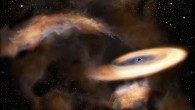 An artist’s impression of a gas cloud swirling around a black hole. Image credit: NAOJ.