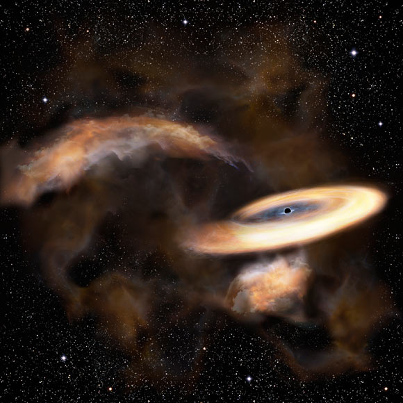 An artist’s impression of a gas cloud swirling around a black hole. Image credit: NAOJ.