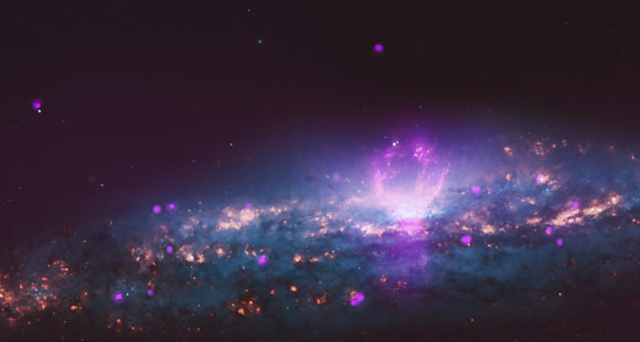 The superbubbles in NGC 3079 are defined by X-ray, optical and radio emission. Image credit: X-rays - NASA / CXC / University of Michigan / Li et al; optical - NASA / STScI.