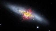 This composite image shows the starburst galaxy Messier 82. The magnetic field detected by SOFIA, shown as streamlines, appears to follow the bipolar outflows (red) generated by the intense nuclear starburst. The image combines visible starlight (gray) and a tracing of hydrogen gas (red) from the Kitt Peak Observatory, with near-infrared and mid-infrared starlight and dust (yellow) from SOFIA and NASA’s Spitzer Space Telescope. Image credit: NASA / SOFIA / E. Lopez-Rodriguez / Spitzer / J. Moustakas et al.