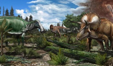 Reconstruction of Late Maastrichtian (66 million years ago) paleoenvironment in North America, where a floodplain is roamed by dinosaurs like Tyrannosaurus rex, Edmontosaurus and Triceratops. Image credit: Davide Bonadonna.