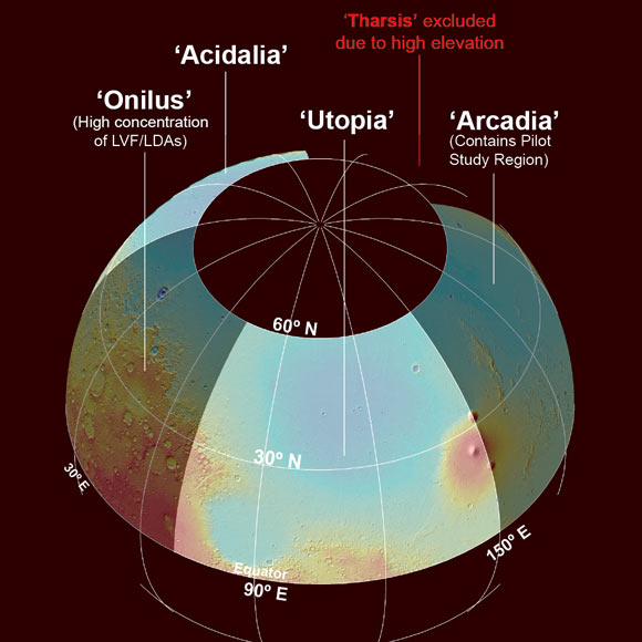 The SWIM team is currently studying large expanses of the northern hemisphere of Mars to identify potential shallow water-ice resources; the work is focused in the four outlined regions, all of which exhibit evidence of ice. Image credit: Gareth Morgan.