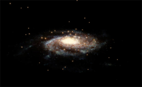 This artist’s impression shows a computer generated model of the Milky Way Galaxy and the accurate positions of the globular clusters used in this study surrounding it. Watkins et al used the measured velocities of these 44 globular clusters to determine the total mass of the Milky Way. Image credit: NASA / ESA / Hubble / L. Calçada.