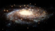This artist’s impression shows a computer generated model of the Milky Way Galaxy and the accurate positions of the globular clusters used in this study surrounding it. Watkins et al used the measured velocities of these 44 globular clusters to determine the total mass of the Milky Way. Image credit: NASA / ESA / Hubble / L. Calçada.