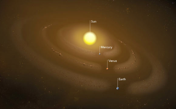 In this illustration, several dust rings circle the Sun. These rings form when planets’ gravities tug dust grains into orbit around the Sun. Image credit: NASA’s Goddard Space Flight Center / Mary Pat Hrybyk-Keith.