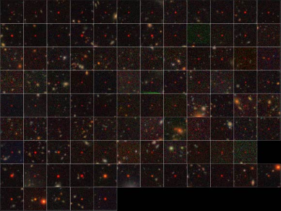 The 100 quasars identified from the Hyper Suprime-Cam data: the top seven rows show the 83 newly discovered quasars while the bottom two rows represent 17 previously known quasars in the survey area; they appear extremely red due to the cosmic expansion and absorption of light in intergalactic space. Image credit: National Astronomical Observatory of Japan.