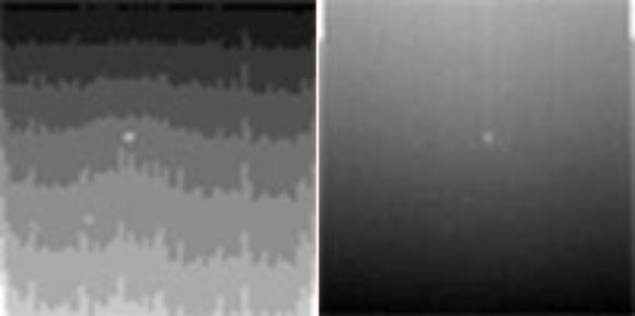 These two thumbnail images are the final images Opportunity took on Mars as a dust storm darkened the sky. The left Pancam image has more wavy gradations. In the right Pancam image, the Sun appears as the larger whitish feature in the middle of the frame. Image credit: NASA / JPL-Caltech / Cornell / ASU.
