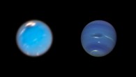 This is a composite picture showing images of storms on Neptune from Hubble (left) and Voyager 2 (right). The Hubble image shows a new dark storm (top center). In the Voyager image, a storm known as the Great Dark Spot is seen at the center. It is about 8,000 miles by 4,100 miles (13,000 km by 6,600 km) in size -- as large along its longer dimension as the Earth. The white clouds seen hovering in the vicinity of the storms are higher in altitude than the dark material. Image credit: NASA / ESA / Hubble / GSFC / JPL.