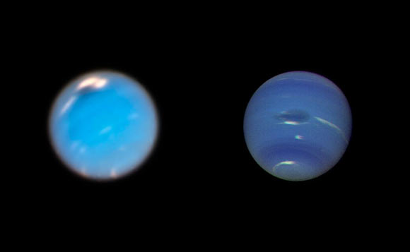 This is a composite picture showing images of storms on Neptune from Hubble (left) and Voyager 2 (right). The Hubble image shows a new dark storm (top center). In the Voyager image, a storm known as the Great Dark Spot is seen at the center. It is about 8,000 miles by 4,100 miles (13,000 km by 6,600 km) in size -- as large along its longer dimension as the Earth. The white clouds seen hovering in the vicinity of the storms are higher in altitude than the dark material. Image credit: NASA / ESA / Hubble / GSFC / JPL.