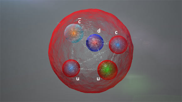 Illustration of the possible layout of the quarks in a pentaquark particle such as those discovered by the LHCb Collaboration; the five quarks might be tightly bonded or assembled differently. Image credit: CERN.