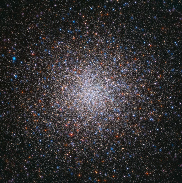 This image from the NASA/ESA Hubble Space Telescope shows a globular cluster called Messier 2. The image is made up of observations from Hubble’s Wide Field Camera 3 (WFC3) in the ultraviolet and optical parts of the spectrum. It is based on data obtained through three filters. The color results from assigning different hues to each monochromatic image associated with an individual filter. Image credit: NASA / ESA / Hubble / G. Piotto et al.