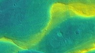 A photo of a preserved river channel on Mars with color overlaid to show different elevations (blue is low, yellow is high). Image credit: NASA / JPL / University of Arizona / University of Chicago.