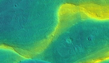 A photo of a preserved river channel on Mars with color overlaid to show different elevations (blue is low, yellow is high). Image credit: NASA / JPL / University of Arizona / University of Chicago.