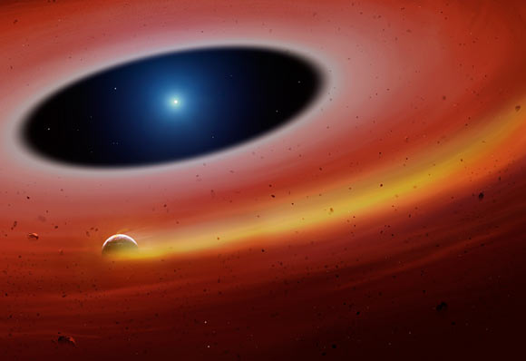 A planet-like object orbits SDSS J122859.93+104032.9, leaving a tail of gas in its wake. Image credit: Mark Garlick / University of Warwick.