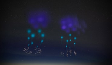 Colorful clouds formed by the release of vapors from the two AZURE rockets allow scientists to measure auroral winds. Image credit: Lee Wingfield / NASA.