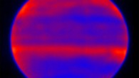 This infrared image was recorded by Subaru Telescope’s COMICS instrument. Sinclair et al used red, blue and yellow to infuse this image; regions of the atmosphere that are more yellow and red indicate the hotter areas. This highlights the auroral heating that occurs at Jupiter’s poles, where energy from the solar wind and magnetosphere are deposited. This image was captured on January 12, 2017. Image credit: NAOJ / NASA / JPL-Caltech.