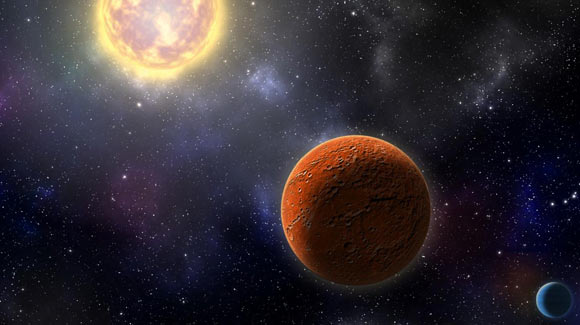 An artist’s conception of HD 21749c, the first Earth-sized planet found by NASA’s Transiting Exoplanets Survey Satellite (TESS), as well as its sibling, HD 21749b, a warm sub-Neptune-sized world. Image credit: Robin Dienel / Carnegie Institution for Science.