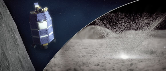 Water is released from the Moon during meteor showers, when micrometeoroid impacts breach the dry lunar surface and eject water molecules from a hydrated layer below. Image credit: NASA’s Goddard Space Flight Center / Conceptual Image Lab.