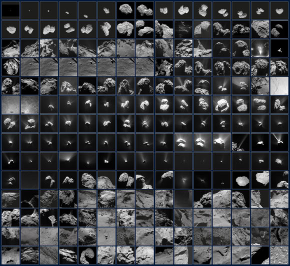 These 210 images reflect Rosetta’s ever-changing view of Comet 67P/Churyumov-Gerasimenko between July 2014 and September 2016. The sequence begins in the month leading up to Rosetta’s arrival on  August 6, 2014, when the comet was barely a few pixels in the field of view. Suddenly, the curious shape was revealed and Rosetta raced to image its surface, coming within 10 km, to find a suitable place for Philae to land just three months later. Philae’s landing is featured with the ‘farewell’ images taken by both spacecraft of each other shortly after separation, and by Philae as it drew closer to the surface at its first touchdown point. An image taken at the final landing site is also shown. The subsequent images, taken by Rosetta, reflect the varying distance from the comet as well as the comet’s rise and fall in activity as they orbited the Sun. Before the comet reached its most active phase in August 2015, Rosetta was able to make some close flybys, including one in which the lighting geometry from the Sun was such that the spacecraft’s shadow could be seen on the surface. Then, owing to the increase of dust in the local environment, Rosetta had to maintain a safer distance and carry out scientific observations from afar, but this also gave some impressive views of the comet’s global activity, including jets and outburst events. Once the activity began to subside, Rosetta could come closer again and conduct science nearer to the nucleus, including capturing more high-resolution images of the surface, and looking out for changes after this active period. Eventually, as the comet returned to the colder outer Solar System, so the available solar power to operate Rosetta fell. The mission concluded with Rosetta making its own dramatic descent to the surface on September 30, 2016. A selection of the final images taken are reflected in the last images shown in this montage. Image credit: ESA / Rosetta / NavCam / MPS for OSIRIS Team / MPS / UPD / LAM / IAA / SSO / INTA / UPM / DASP / IDA / Philae / CIVA / ROLIS / DLR.