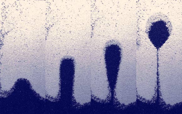 Development of a ‘bubble’ of lighter sand (blue) forming in heavier sand (white). Image credit: Alex Penn / ETH Zurich.