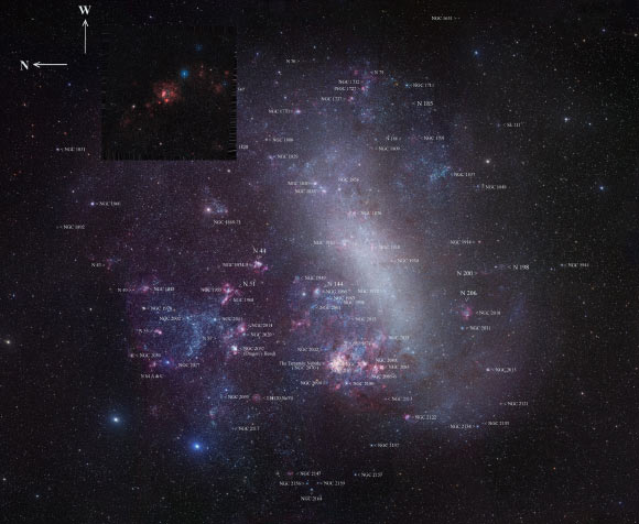 This image shows the entire Large Magellanic Cloud, with some of the brightest objects marked. Image credit: Robert Gendler / ESO.