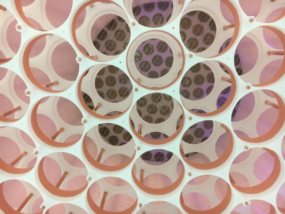 One photodetector array of the XENON1T detector seen through the other. Image credit: XENON Collaboration.