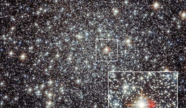 Using the MUSE, an integral-field spectrograph on ESO’s Very Large Telescope, Göttgens et al discovered the remains of a nova near the center of the globular cluster Messier 22. Image credit: NASA / ESA / Hubble / F. Göttgens, Institute for Astrophysics, University of Göttingen.