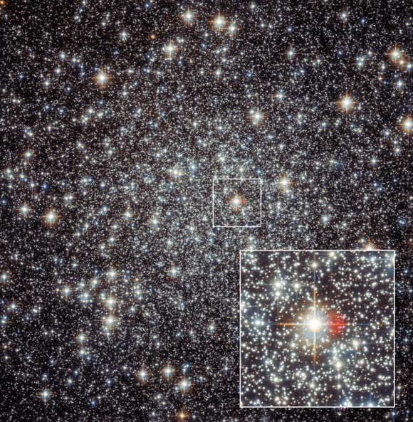 Using the MUSE, an integral-field spectrograph on ESO’s Very Large Telescope, Göttgens et al discovered the remains of a nova near the center of the globular cluster Messier 22. Image credit: NASA / ESA / Hubble / F. Göttgens, Institute for Astrophysics, University of Göttingen.