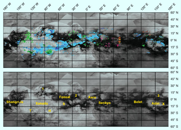 This map indicates that Titan’s icy corridor (blue color) and craters account for most of Titan’s ice-rich surfaces. It shows the dark dune fields (for example, Fensal and Belet), the local regions of Sotra (S), Hotei Regio (H), Tui Regio (T), and the Huygens landing site (X), and three large craters: Menrva (1), Sinlap (2) and Selk (3). Image credit: Griffith et al, doi: 10.1038/s41550-019-0756-5.