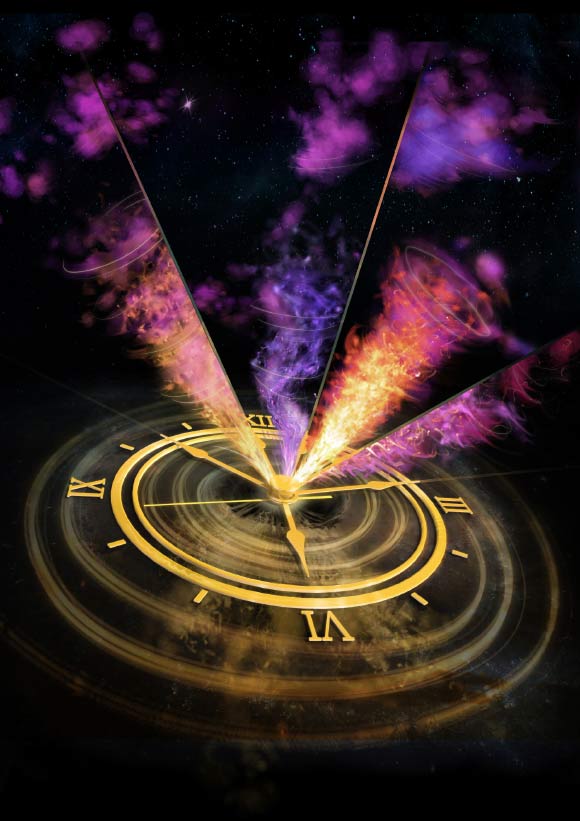 An artist’s impression of the changing jet orientation in the V404 Cygni system; each segment (as separated by the clock hands) shows the jets at a different time, oriented in different directions as seen in our high angular resolution radio imaging. Image credit: ICRAR.