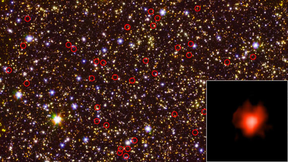 This deep-field view of the sky, taken by NASA’s Spitzer Space Telescope, is dominated by galaxies -- including some very faint, very distant ones -- circled in red. The bottom right inset shows one of those distant galaxies, made visible thanks to a long-duration observation by Spitzer. The wide-field view also includes data from the NASA/ESA Hubble Space Telescope. Image credit: NASA / JPL-Caltech / ESA / Spitzer / P. Oesch / S. De Barros / I.Labbe.