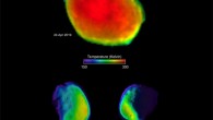 These three views of the Martian moon Phobos were taken by NASA’s Mars Odyssey orbiter using its THEMIS camera. Each color represents a different temperature range. The upper image was taken in a full-moon phase, which is better for studying material composition. The two views below were taken while Phobos was in a half-moon phase, which is better for studying surface textures. Image credit: NASA / JPL-Caltech / ASU / SSI.