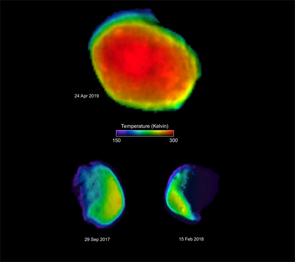 These three views of the Martian moon Phobos were taken by NASA’s Mars Odyssey orbiter using its THEMIS camera. Each color represents a different temperature range. The upper image was taken in a full-moon phase, which is better for studying material composition. The two views below were taken while Phobos was in a half-moon phase, which is better for studying surface textures. Image credit: NASA / JPL-Caltech / ASU / SSI.