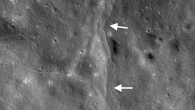 This thrust fault is one of thousands discovered on the Moon by NASA’s Lunar Reconnaissance Orbiter. These faults resemble small stair-shaped cliffs, or scarps, when seen from the lunar surface. The scarps form when one section of the Moon’s crust (left-pointing arrows) is pushed up over an adjacent section (right-pointing arrows) as the Moon’s interior cools and shrinks. Image credit: NASA / GSFC / Arizona State University / Smithsonian Institution.