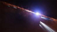This artist’s impression shows exocomets orbiting beta Pictoris. Image credit: L. Calçada / ESO.