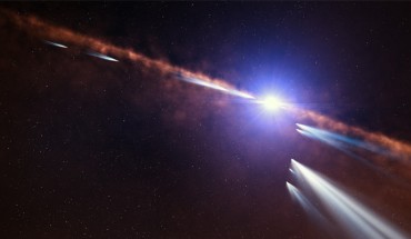This artist’s impression shows exocomets orbiting beta Pictoris. Image credit: L. Calçada / ESO.