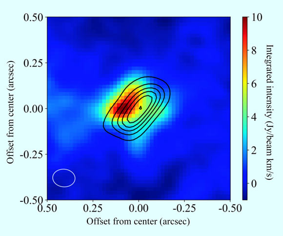 ALMA image of the distributions of AlO molecules (color) and warm dust particles (contours); the molecular outflow (not shown in this image) extends from the center to the top-left and bottom-right. Image credit: ALMA / ESO / NAOJ / NRAO / Tachibana et al.