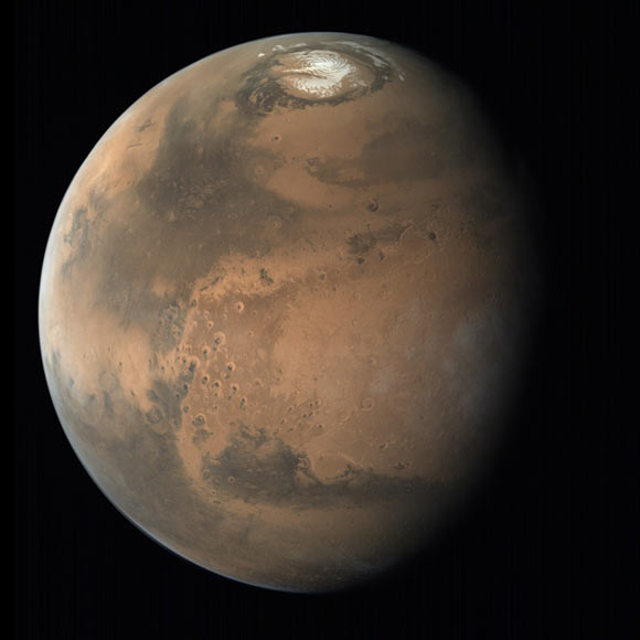 A view of Mars showing the planet’s northern polar ice cap. Image credit: ISRO / ISSDC / Emily Lakdawalla.