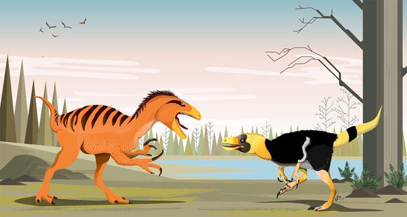 Phuwiangvenator yaemniyomi (left) and Vayuraptor nongbualamphuensis. Image credit: Adun Samathi / Rheinische Friedrich-Wilhelms Universität Bonn.